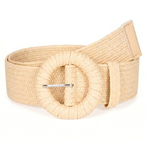 Image of Straw Woven Elastic Belt for Women Stretchy Belts for Dress Fashion Boho Waist Belt Rattan Raffia Ladies Belts
