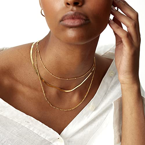 Image of Freekiss Layered Necklace Set for Women Stackable | Herringbone Snake Cuban Rope Chain, Dainty Choker, Layered Stackable, Non Tarnish, Hypoallergenic, Adjustable 14-18.5 inch