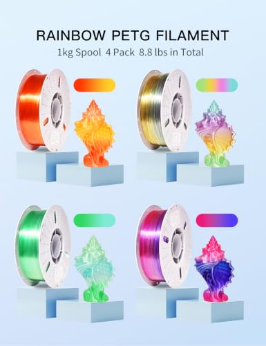 Image of PINBALL Rainbow PETG 3D Printer Filament 1.75mm, Multicolor Translucent PETG Filament Bundle, Accuracy + /- 0.02 mm, 4kg in Total