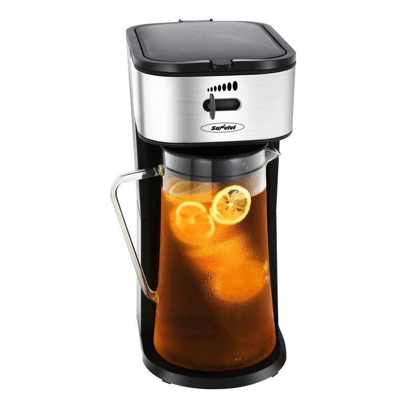 Iced Tea Coffee Maker, Multi-Use Coffee Maker for Coffee Pod Bag/Ground Coffee, Ice Tea Maker with 88 Ounce Glass Pitcher and One-Touch Button Fast Brew Auto Shut Off, Silver