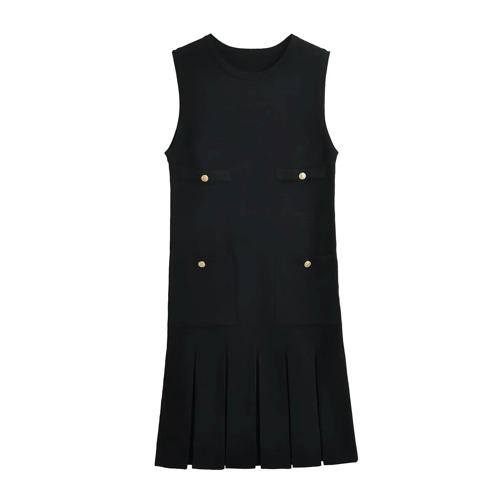 Robe Femme Chic Et Elegant Femmes Tricotées Mini-Robes De Soleil Poches Devant-Noir-s