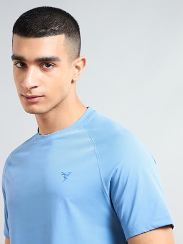 Image of TECHNOSPORT Men's Solid T-Shirt COTFLEX Quick Dry Slim Fit Round Neck Sports Tee for Gym Running Casual Wear UPF50+ Anti Odour