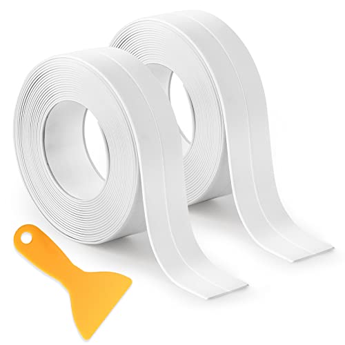 Bath Sealant Strip, Self Adhesive Waterproof Sealing Tape, 2 Roll 3.2m * 2.2cm Bathroom Sealant with Scraper Tool, Worktop Caulk Strip for Kitchen, Toilet, Sink, Bathtub (6.4m white)