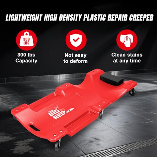 Image of Big RED Plastic Rolling Garage /Shop Creeper: Dual Tool Trays and 6 Casters, Red，40 inch Mechanic Cart with Padded Headrest