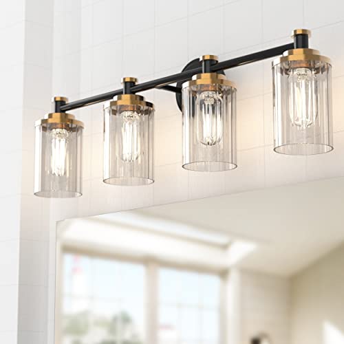 Image of Bathroom Lighting Fixtures Black and Brass Bathroom Vanity Light with Cylindrical Clear Stripes Glass Lampshade E26 Socket Base Bathroom Lighting Fixtures Over Mirror (4 Lights)