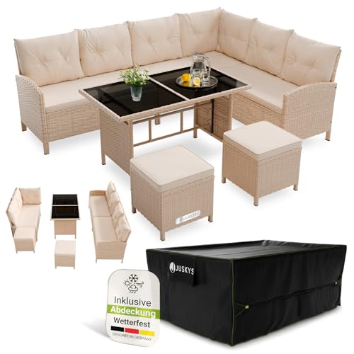 Juskys® Polyrattan Lounge Manacor mit Ecksofa, Esstisch, 2 Hocker & Kissen inkl. Abdeckung...