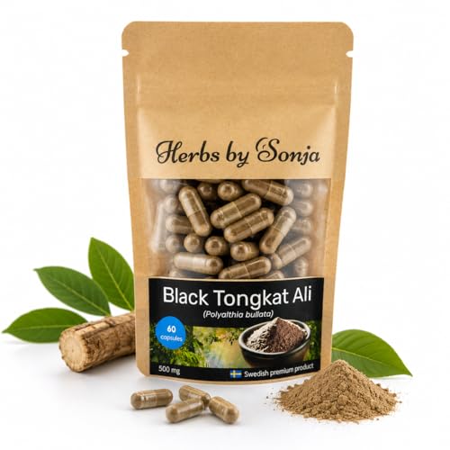 Herbs by Sonja Black Tongkat | Natürliches Supplement für Männer zur Steigerung der Muskelmasse und Energie Hergestellt in Schweden - 60 * 500Mg Kapseln | Kräuterwurzelformel mit Polyalthia Bullata