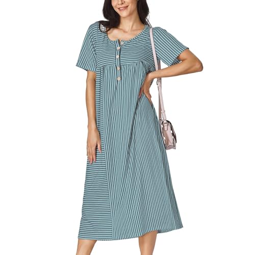 Image of Women's Casual V Neck Midi Tshirt Dress Boho 2025 Summer Short Sleeve Beach Dresses with Pockets