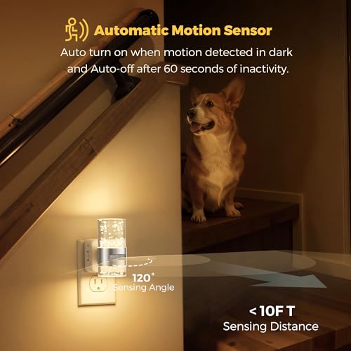 Image of L LOHAS LED Motion Sensor Night Light,Dimmable Night Lights Plug into Wall, 2 Pack 3000K Night-Lights with 0-100 LM Adjustable, Acrylic Bubble Plug in Nightlight for Bathroom Hallway Nursery