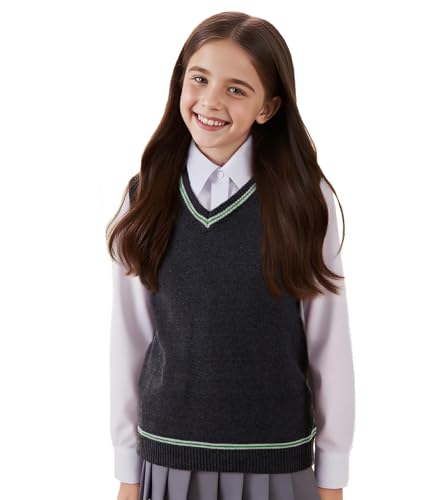 Markest Unisex Sweater Vest Kids Knit V-Neck Sleeveless Uniforms Teens Halloween Cosplay Costume Green Striped-M