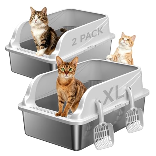 2PACK Stainless Steel Litter Box Metal Litter Boxs with Lid High Sides Large Litter Box for Big Cats Never Absorbs Odors Leak-Proof Stain-Free Rust-Free Easy to Clean Scoop Included