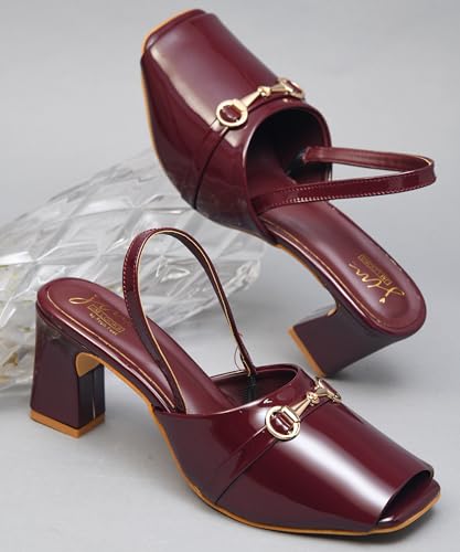 Image of JM LOOKS Sophisticated Patent Finish Block Heel Sandals with Elegant Metallic Horsebit Detail and Secure Slingback Strap