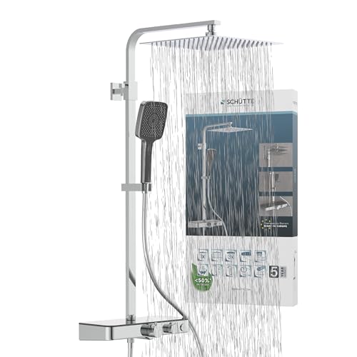 Schütte Ocean Système Thermostat et étagère en Verre-Ensemble 30 x 30 cm, Effet Pluie avec Support Mural et pommeau Colonne de Douche en Chrome/Anthracite 60531, 350 x 1200 x 520 mm