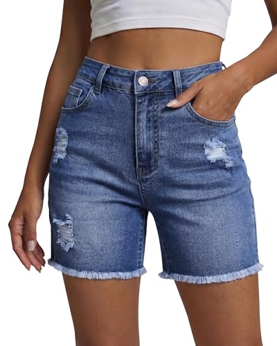 luvamia Cowgirl Outfits for Women Jean Shorts Womens High Waisted Trendy Mid Thigh Long Stretch Denim Shorts Light Wash Jorts Women Women's Short for Summer Classic Blue Size Large Fits US 12-14