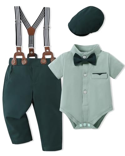 Baby Boy Clothes Suits 3-24M Infant Gentleman Outfits, Short Sleeve Shirt+Bowtie+Beret+Suspender Pants Clothing Set