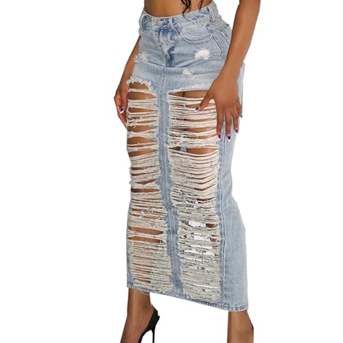 Denim Skirt with Slit Women Summer Casual Rip Elastic High Waisted Jean Skirt with Pockets Rave Wear