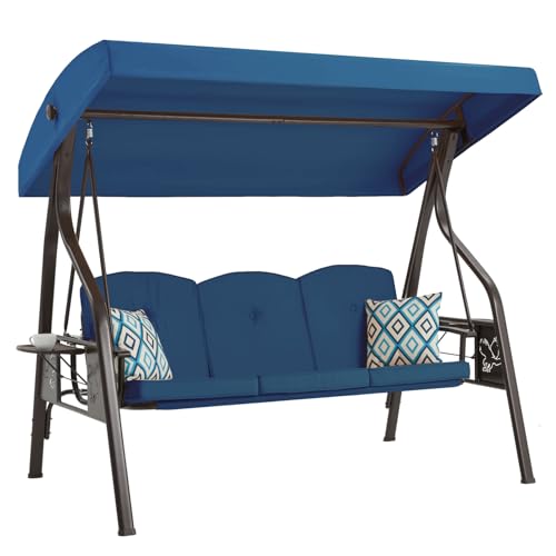 Image of ZZW 3-Seat Outdoor Porch Swing with Stand, Patio Swing with Canopy, 2 in 1 Porch Swing Bed & Patio Swing Chair for Adult, Yard Swing w /Extra Pillows and Cup Holder (Blue)