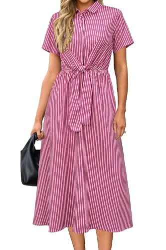 Image of Newshows Women's Work Business Casual Outfits Tie Waist Midi Shirt Dress | Lightweight & Breathable Easy-care Fabric, Side Pockets, Decent Professional Attire, Church Office Funeral Outfits