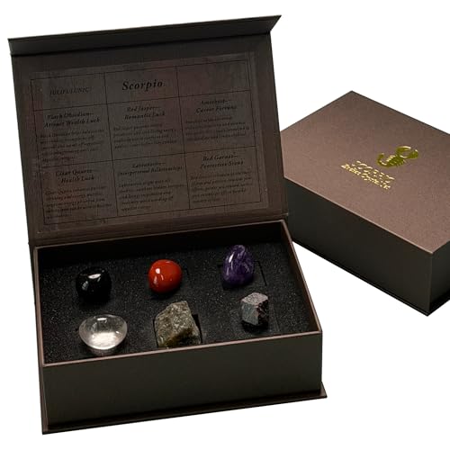 Juliful Unic Scorpio Zodiac Set – 6 Crystals for Emotional Depth & Transformation, Includes Labradorite, Red Garnet, Amethyst + 3 in Luxury Box, Astrology Crystals Healing Stones Gifts