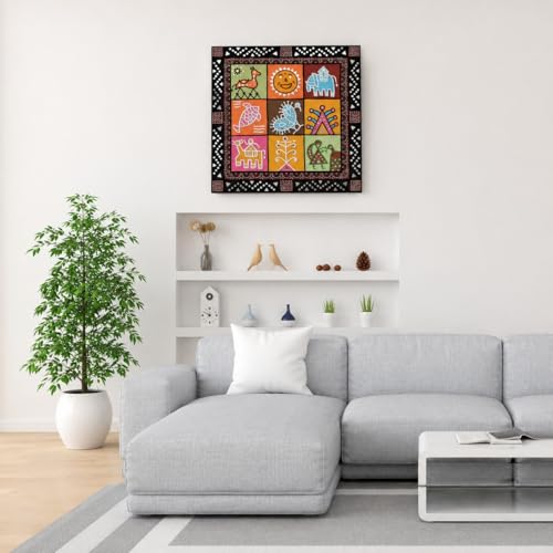 Image of Ethnics of Kutch Traditional Kutch Handicraft Mud-Mirrorwork Lippan Kam Wall Art (Water and Break Resistant) - Square (24 Inch x 24 Inch) - (Black - LKT-0002)