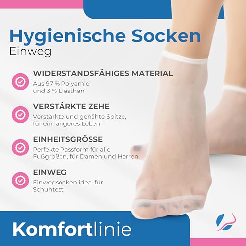 Pedsox, 100 Stück Einweg-Hygienesocken zum Testen von Schuhen, Comfort Line, Unisex, Einheitsgröße, Weiß