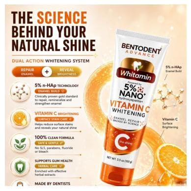 Image of BENTODENT Advance Whitamin Toothpaste, Teeth Whitening Formula - 5% Nano Hydroxyapatite, Vitamin C, SLS & Fluoride Free Toothpaste for Sensitive Care, Enamel Repair, Fresh Breath Protection (100g)