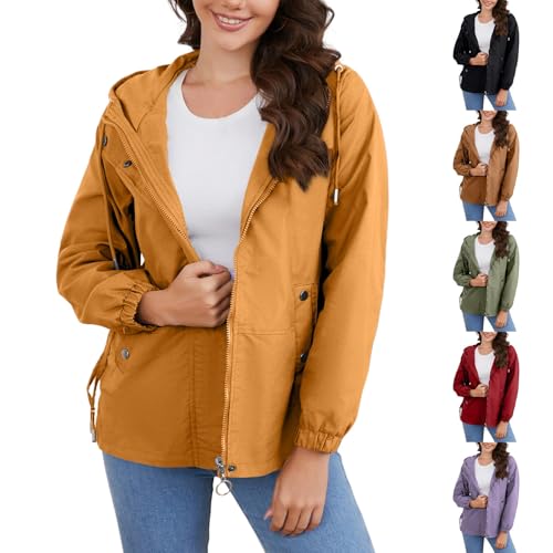 Chaqueta de lluvia para mujer impermeable con capucha, chaqueta deportiva para mujer con bolsillos y cremallera integral, gabardina casual suelta a prueba de viento anti lluvia abrigo básico abrigos