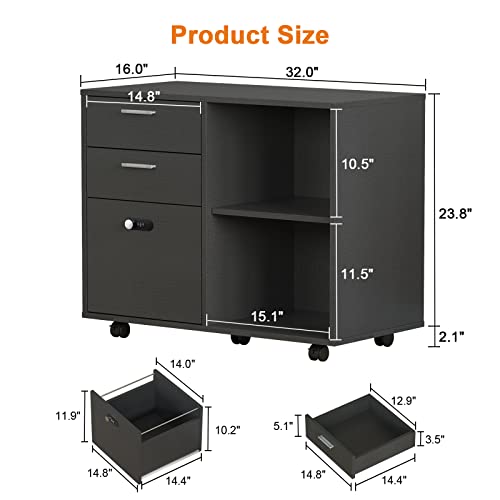 Koifuxii File Cabinets For Home Office 3 Drawer, Wood Filing Cabinets With Lock, Mobile Lateral File Cabinet With Wheels, Printer Cabinet With Storage Shelves, Gray #TOP1