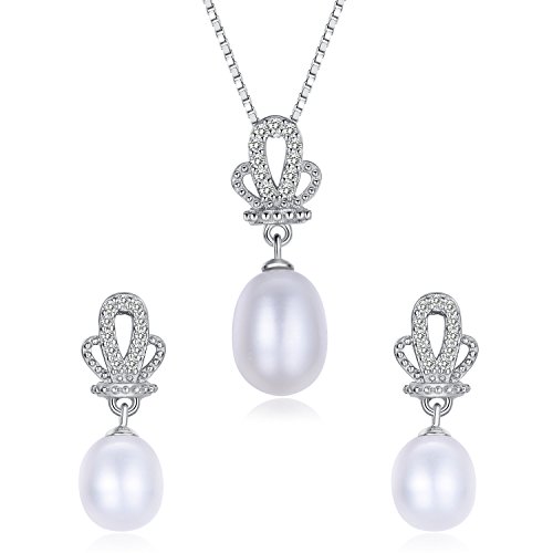 Stunning Flawless Pearl Stud Earrings & Silver Chain Pendant Set| Impeccable Quality Natural, Flawless Freshwater Pearl & 925 Sterling Silver| The Most Unique Fashion Jewelry Set (1 | White Pearls)