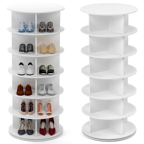 PTUWODS Drehbares schuhschrank, drehbares 360-Grad-Schuhregal, Aufbewahrung, rundes Karussell, vertikale Handtasche, drehbar, Schuhschrank-Organisation (Weiß, 6 Etage)