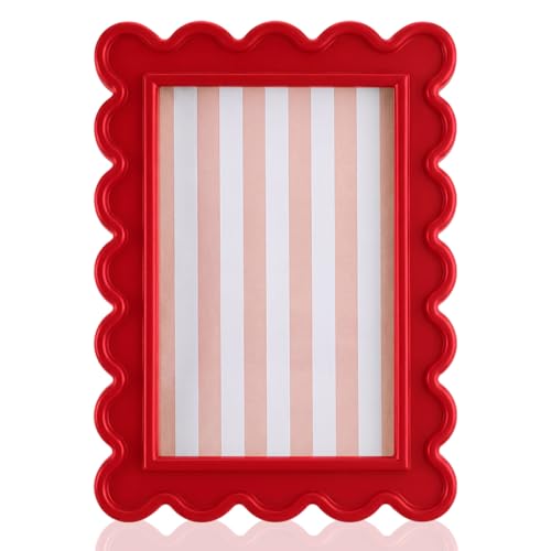 AceOrbit 4x6 Inches Red Flower Wavy Scalloped Picture Frame Cute Wavy Edge Wooden Real Glass Photo Frame for Desktop Display Home Decor Family Friends Wedding Graduation Gifts