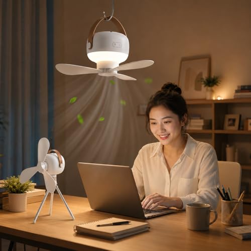 Image of Portable Ceiling Fan with LED Light and Remote Control | Rechargeable Table Fan for Home with Hanging Strap, Tripod Stand and Type C Charging for Travel
