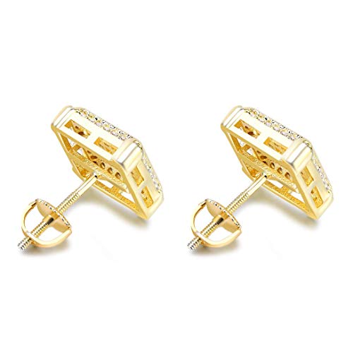 18K Gold Plated 925 Sterling Silver Iced Out Cubic Zirconia Screw Back Square Stud Earring For Men and Women Hypoallergenic Earring TwoTone Micropave Hip Hop Jewelry-Gold3