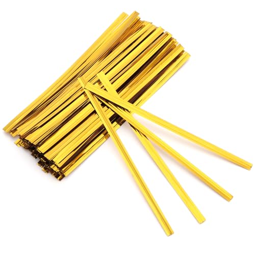 Nynkyon Lot de 100 attaches torsadées dorées réutilisables pour sacs à bonbons, sacs à pain, cônes de bonbons, cake pops, fournitures de fête, collations, sacs de café, emballages cadeaux et travaux