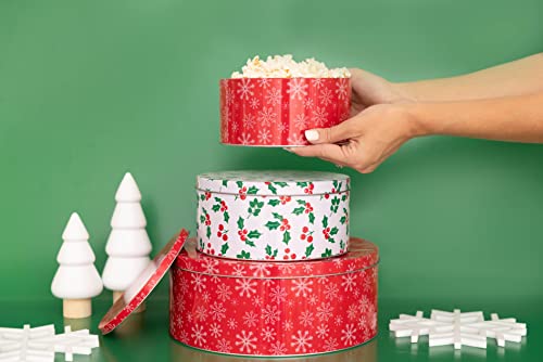 Steel-Mill-Co-Tin-Containers-with-Lids-3-Pack-Christmas-Cookie-Tins-Festive-Cookie-Tins-for-Gift-Giving-Holiday-Treats-Round-Metal-Nesting-Containers-Large-Medium-Small-Snowflake-Holly Steel Mill Co Tin Containers with Lids 3 Pack Christmas Cookie Tins Festive Cookie Tins for Gift Giving Holiday Treats Round Metal Nesting Containers Large Medium Small Snowflake Holly