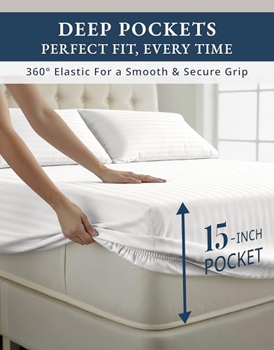 Image of LANE LINEN Striped Sheets Set - 100% Egyptian Cotton 4 Piece Bed for King Size Hotel Bedding & Pillowcases 16 inch Deep Pocket (Fits Upto 17 inch Mattress) White