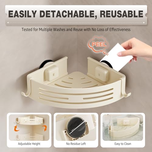 Image of Conworld Corner Shower Caddy Suction Cups, Corner Shower Shelf, Shower Organizer Suction for Bathrooms Storage with Hooks, No-Drilling Removable (Aluminum, 2-Pack, Cream)