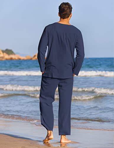 Coofandy Men's 2 Pieces Cotton Linen Set Henley Shirt Long Sleeve And Casual Beach Pants Summer Yoga Outfits #TOP2