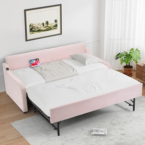 Rophefx Twin Daybed with Pop Up Trundle, Twin to King Size Day Bed w/USB, Upholstered Day Bed with Trundle Bed Twin, No Box Spring Needed, Wood Sofa Bed for Living Room, Bedroom, Corduroy Pink Cover