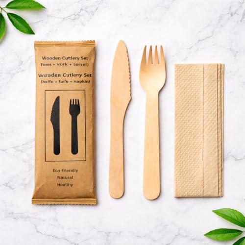 Enpack - 250 Bio Besteck Set aus Holz - Umweltfreundliche Messer, Gabel, Servietten Besteck Sets- 165mm Messer - 160mm Gabel - Eco friendly
