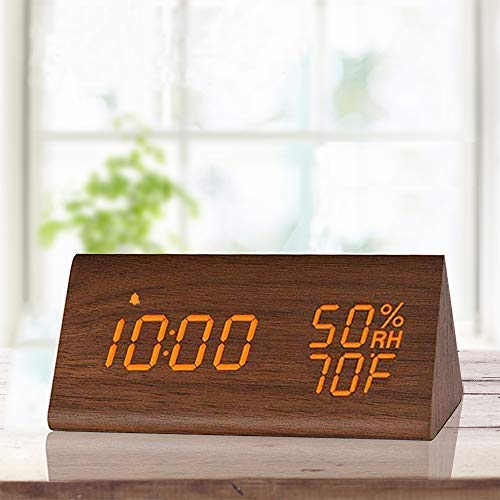 Digital Alarm Clock with Wooden Electronic LED Time Display,3 Alarm Settings, Humidity & Temperature Detect Wood Made Electric Clocks for Bedroom,Bedside (Brown)
