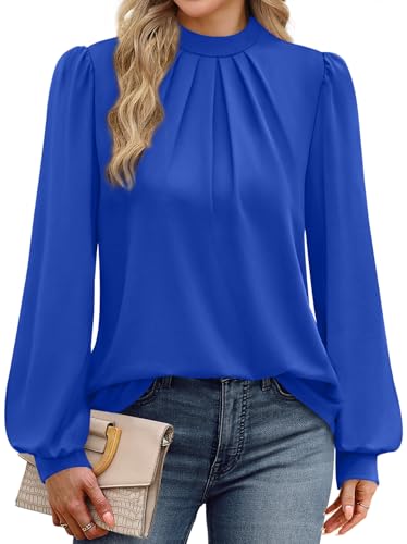 Image of WIHOLL Long Sleeve Shirts for Women Mock Neck Tops Pleated Front Blouses Dressy Casual Spring Fall Clothes 2026 Fashion
