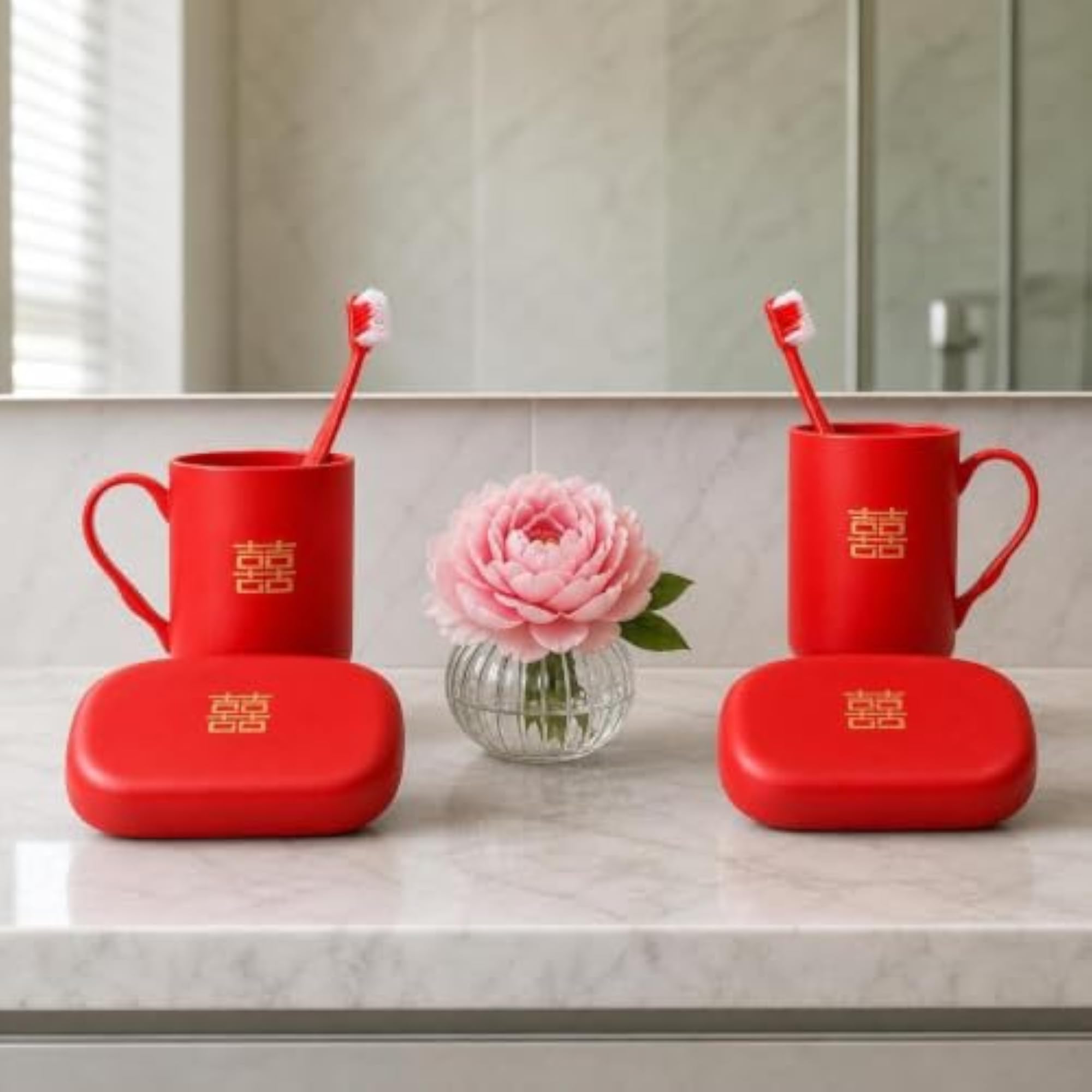 Wedding Bathroom Set with Double Happiness Cups & Toothbrush Holders