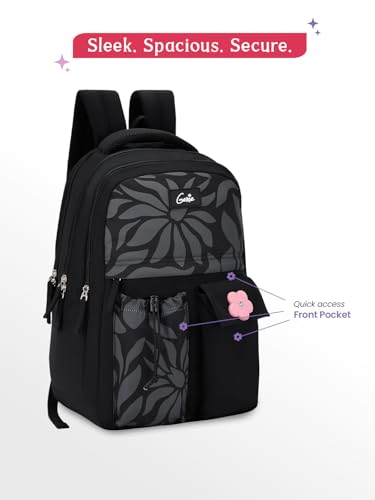 Image of Genie Poetry School Backpack For Girls |17 Inch-27 Litres With Three Compartments, Light Weight with Padded Shoulders |Best for Books, Water Bottles, Stationery, Lunch Box & Essentials - Black