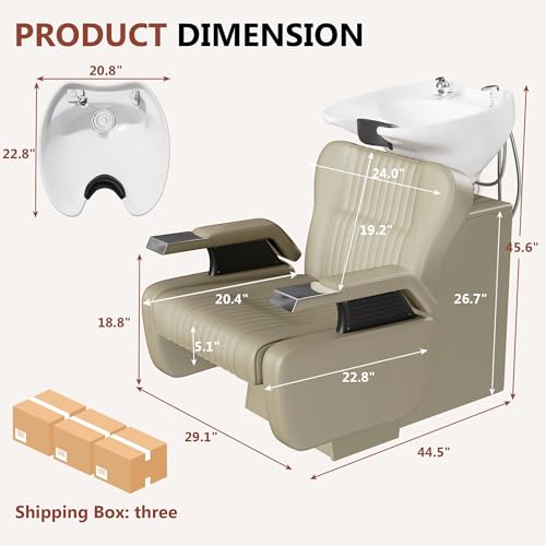 Image of Shampoo Bowl and Chair Set for Salon,Backwash Chair with Adjustable Tilting Porcelain Sink, Salon Hair Washing Station with Ceramic Shampoo Bowl Neck Rest,Beauty Spa Equipment (Light Taupe)