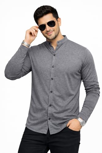 Image of Blisstone Men's Band Collar Shirt - Full Sleeve Slim Fit Casual Cotton Blend Mandarin Collar Button Down Shirt