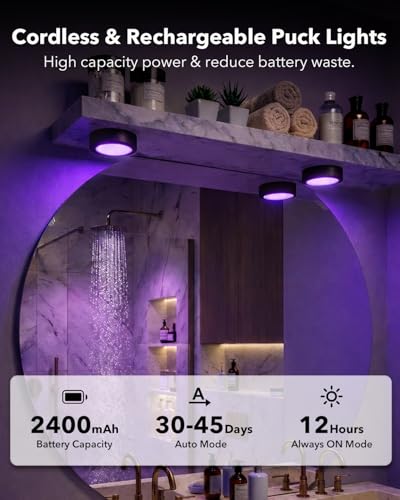 Image of 2400mAh Rechargeable Puck Lights, Motion Sensor Under Cabinet Light | RGB Color Changing, Magnetic, USB-C, Timer, Wireless Stick On Closet Lighting for Kitchen Counter, Stair, Bookshelf, Showcase