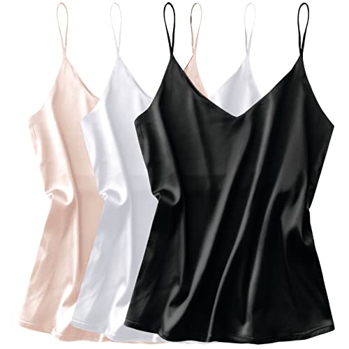 Ekouaer 3 Pack: Womens Silk Satin Tank Top V Neck Camisole Cami Spaghetti Strap Top Loose Sleeveless Blouses Tank Shirt