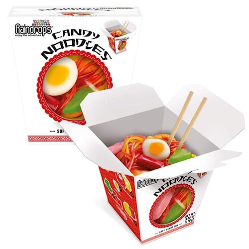 Product Image of the Raindrops Gummy Candy Noodles Takeout Box with 6 Kinds of Candies - Yummy Shrimp, Egg, Vegetables and Toppings Made from Gummies, Ropes and Marshmallows - Fun and Unique Candy Gifts (1 Box)