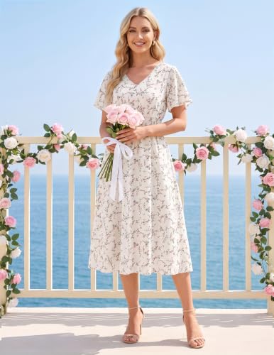 Image of Gardenwed Chiffon Floral Dresses Summer Midi Wedding Guest Dress V Neck for Women Elastic Waist